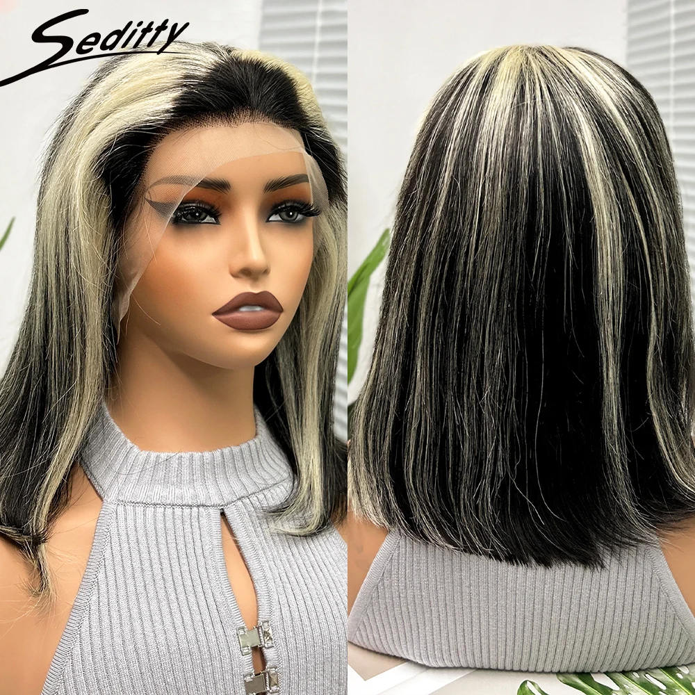 

Ombre 250% Density Mix Blonde Grey Straight Bob Human Hair Wig 13x4 Transparent Lace Frontal 100% Human Hair Wig For Black Women