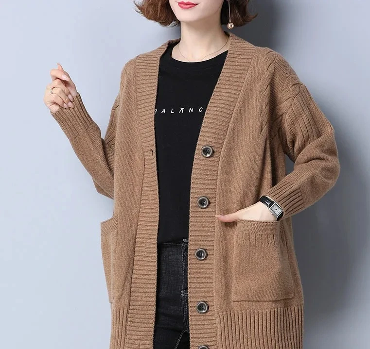 

V-Neck Long Sleeve PolyesterLoose Knitted Cardigan Women's Autumn Winter Leisure Style Big Size Mid-Length Sweater Outerwear