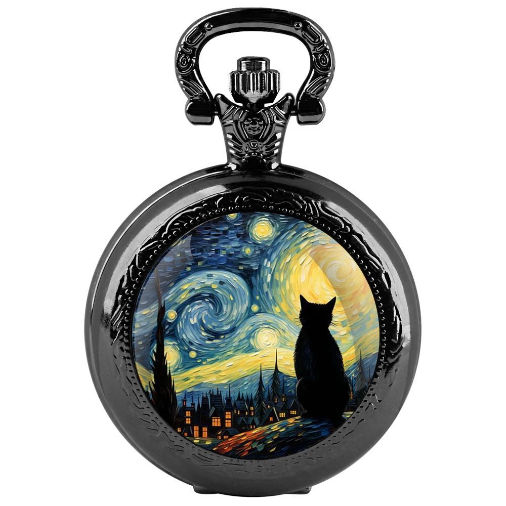 Vintage Charm: Quartz Pocket Watch with Van Gogh's Cats Glass Art