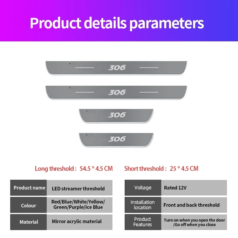 Placa de Pedal de bienvenida LED de acrílico para coche, umbral de puerta delantera y trasera, luz móvil para Peugeot 306, logotipo