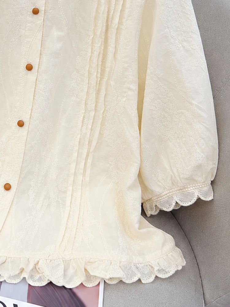 Korean Style Short Sleeve Lace Shirt Soft Cream Color Gentle And Slimming Summer Beautiful  Shirt for Women Casual Wear