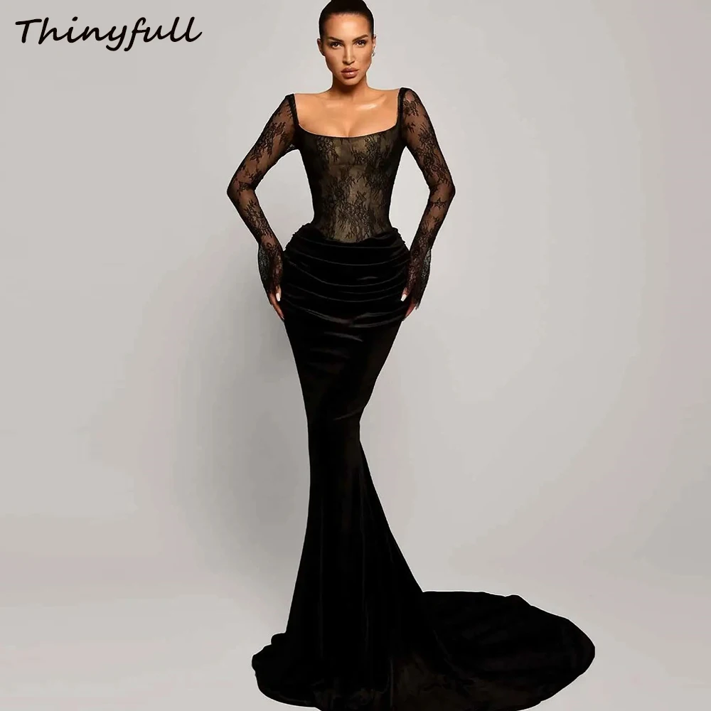 

Thinyfull Mermaid Black Evening Dresses Square Collar Full Sleeves Sexy Prom Dress Lace/Velvet Gown robes de soirée Customized