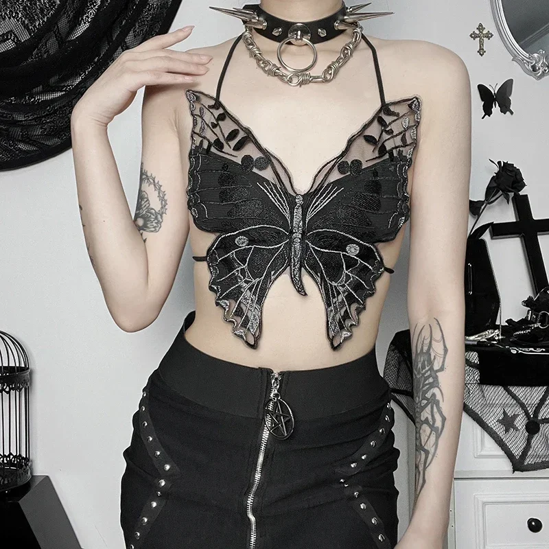 

Goth Cross Print Lace Bodycon Crop Tops Camis Sexy Y2K Aesthetic Black Red Basic Corset Tank butterfly Clothes for Women Girls