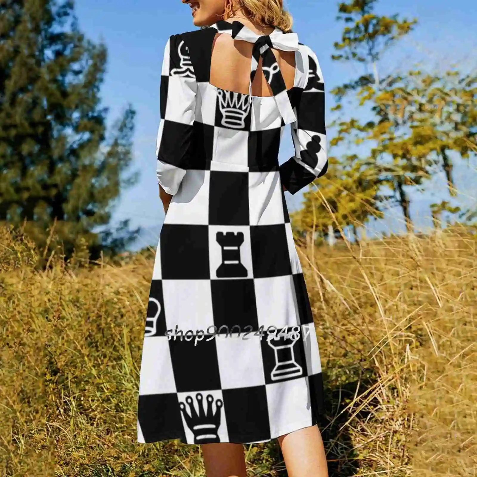 Chess Sweet Elegant Dress Women Korean Kawaii Square Collar Dress Chess Board Chess Play Pieces Awesome Harmony Fantasy