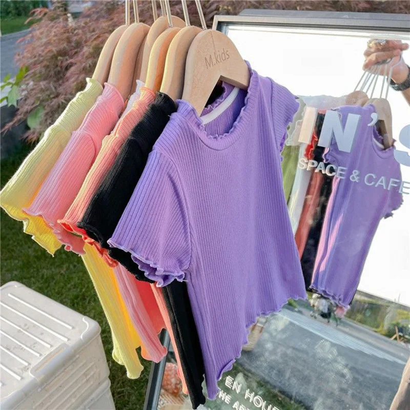 3-7 Years Children Summer Ice Silk T-Shirt  Girls Short Sleeve Round Collar Soft Tops