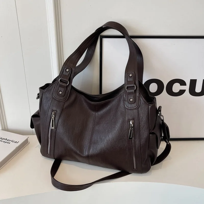 Women Vintage Waxed Faux Leather Tote Bag Multi Zipper Pockets Handbag Detachable Crossbody Strap Large Shoulder Purse
