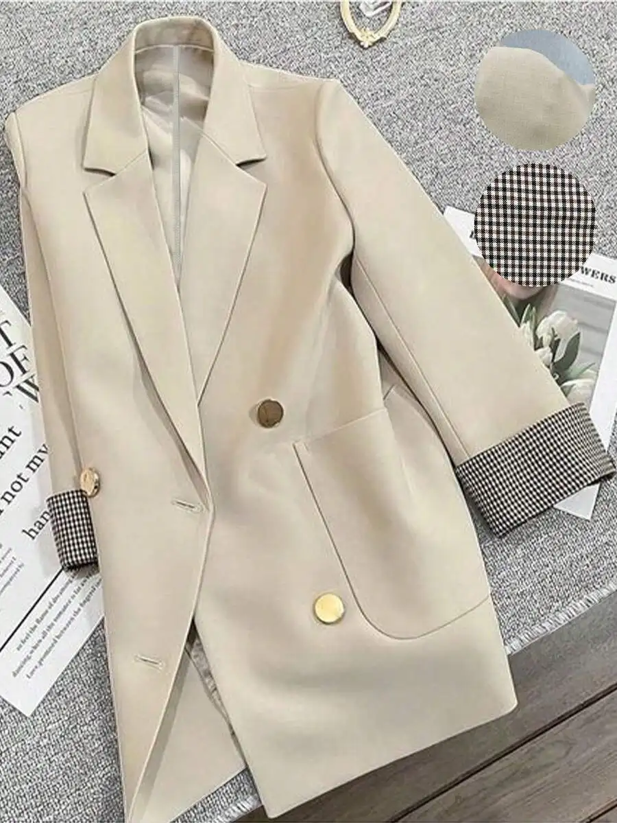 

Beige Double-Breasted Blazer with Gingham Cuff Detail for Women
