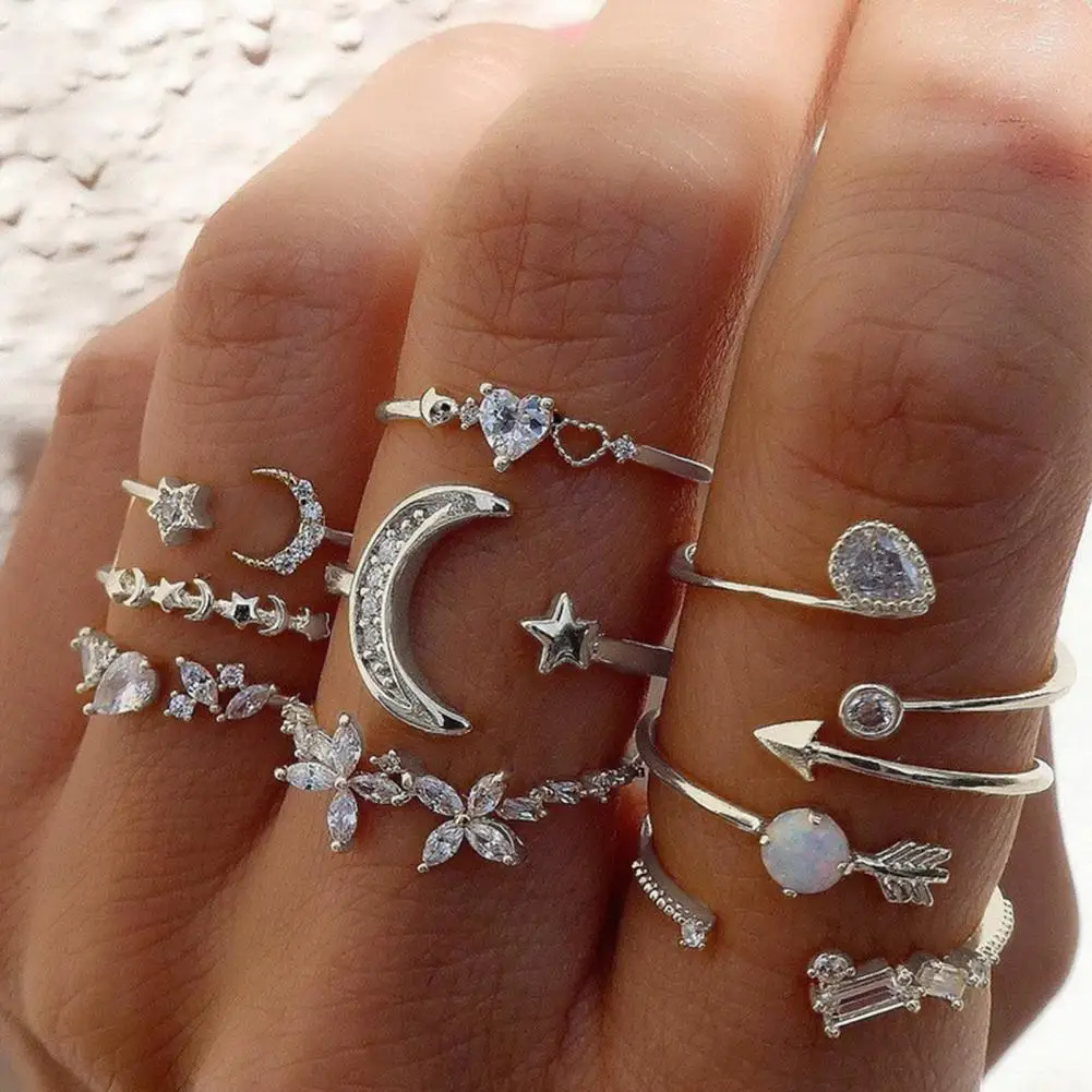 Adjustable Lady Stackable Rings 9-piece Rhinestone Decor Lady Ring Set with Star Moon Butterfly Heart Designs for Women