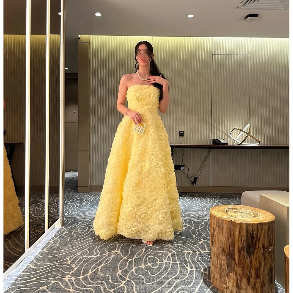 

Длинное вечернее платье для женщин без бретелек желтые 3D цветы бальные платья трапециевидной формы длиной до пола вечерние платья по индивидуальному заказу
