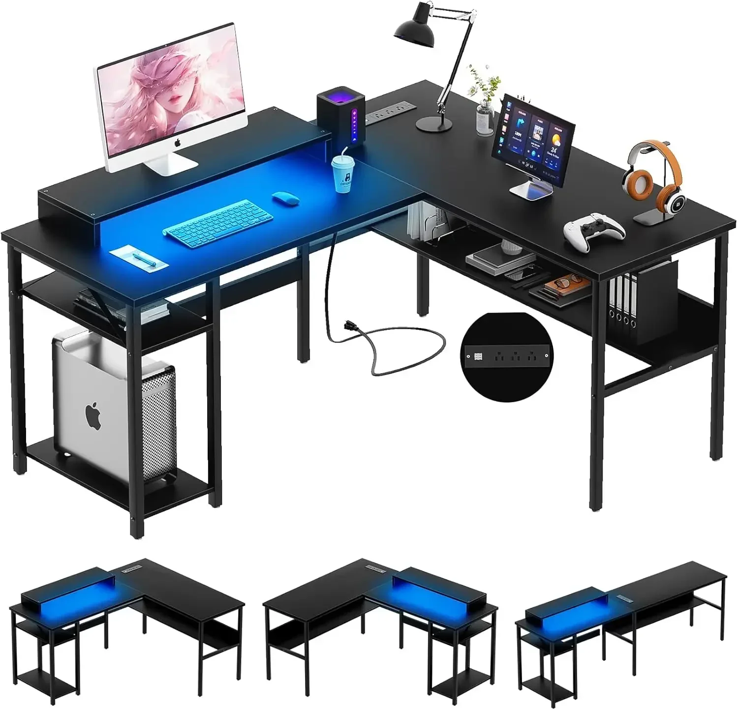 Reversible L Shaped Desk with Magic Power Outlets and Smart LED Light, Sturdy Corner Computer Desk , Black