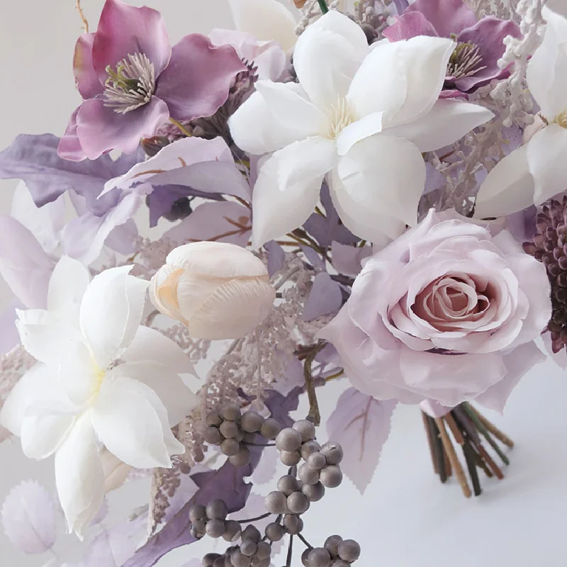 Bridal Bouquet hand simulated floral bouquet held in a photo studio, sample room floral design in pink purple FH549