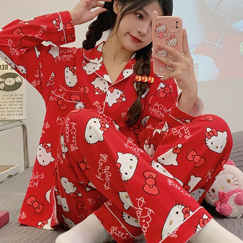 Sanrio Sleepwear Hello Kittys Accessories Cute Kawaii Anime Spring and Autumn Homewear Set Long Sleeve Cardigan Toys Girls Gift