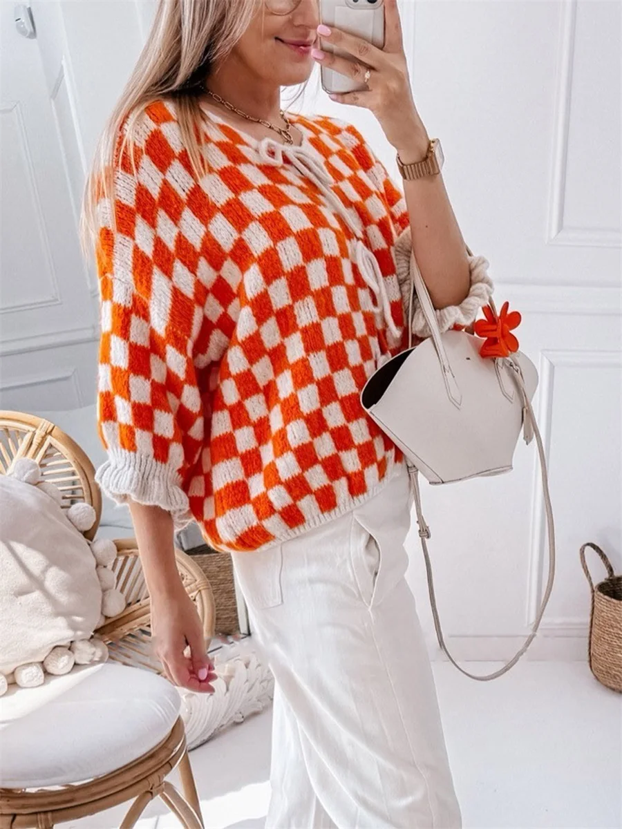 Women s Checkered Tie Front Cardigan Crew Neck Half Sleeve Tie-Up Knitted Sweater Casual Streetwear