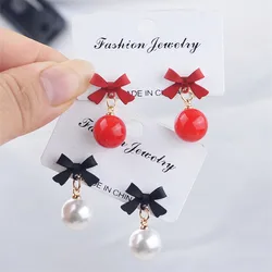Black Red Bowknot Elegant Hanging Earrings Imitation Pearl Ball Pendants Korean Fashion Sweet Small Earrings brincos 2025 new