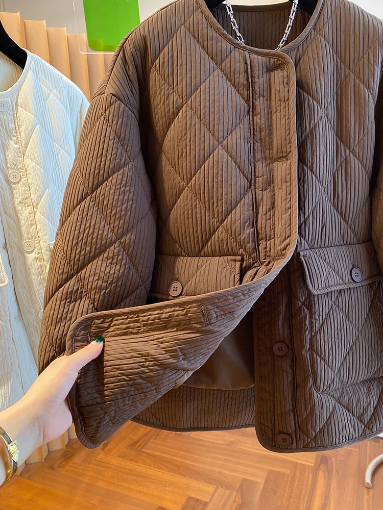 Jaet de algodón acolchado ligero para mujer, diseño de invierno, corte holgado, abrigo de algodón cálido, patrón de diamante, Retro Sle Long Sve