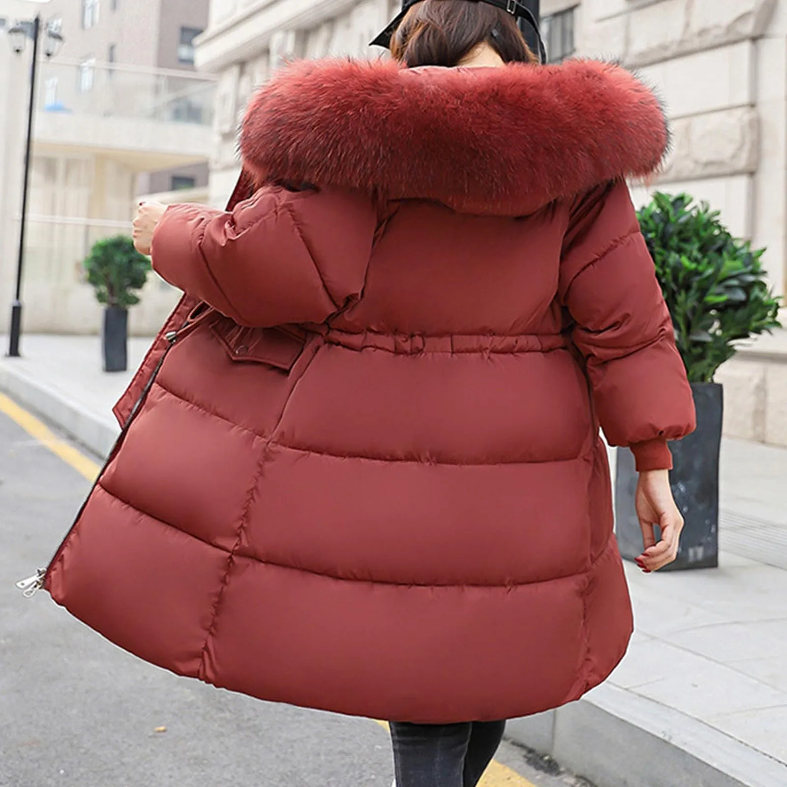 Fashion Big Faux Fur Collar Long Padded Jacket Women Drawstring Lightweight Slim Quilted Coats Full Zip Solid Color Padded