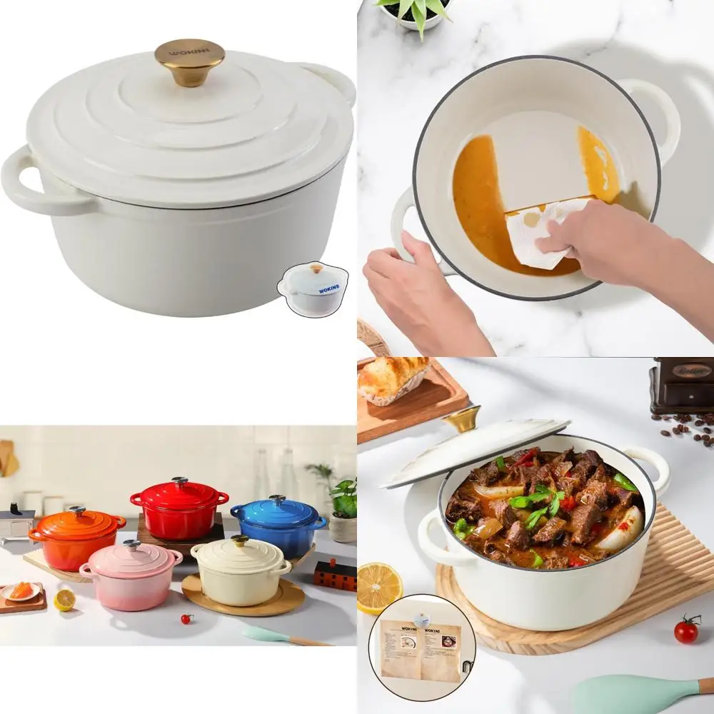 

Сверхмощный эмалированный чугунный голландский горшок для духовки с крышкой, кремово-белый цвет 5,5QT, идеально подходит для выпечки хлеба, тушения, раковины, обжарки и