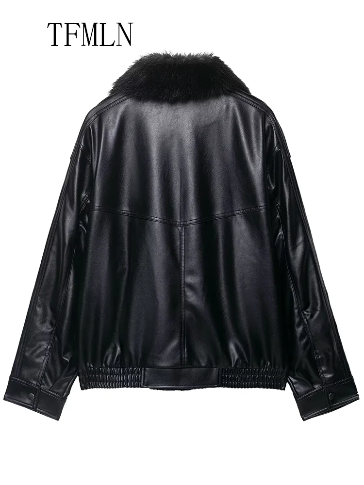 레트로 루즈 핏 인조 가죽 재킷 여성용 2025 가을 겨울 탈부착 가능한 칼라 포켓 스트리트웨어 시크 캐주얼 지퍼 두꺼운 코트