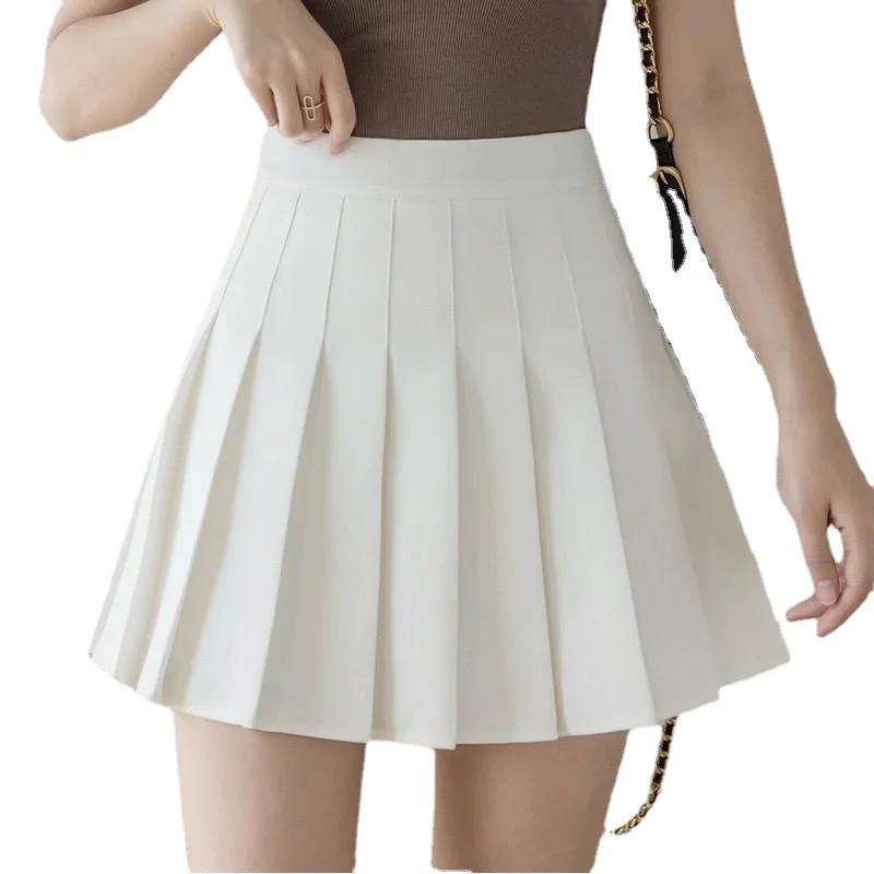 

In Stock High Waist Pleated Short Skirt Women's Preppy Korean Style Solid Color Exposure-Proof Skirt Back Waist Elastic