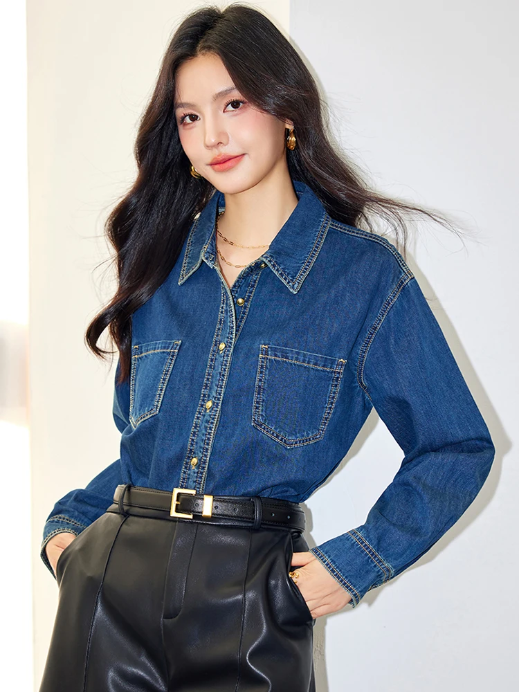 2024 Autumn Denim Shirt Women  Long Sleeve Retro Fashion Shirts Casual Loose Turn-down Collar Blouse Streetwear Coat