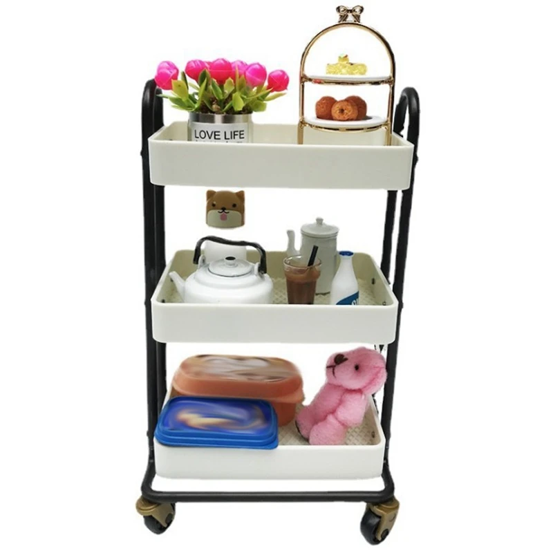 1/6 3 Tier Mini Simulation Trolley Storage Rack Doll House Kitchen Furniture With Wheels Doll House Accessories