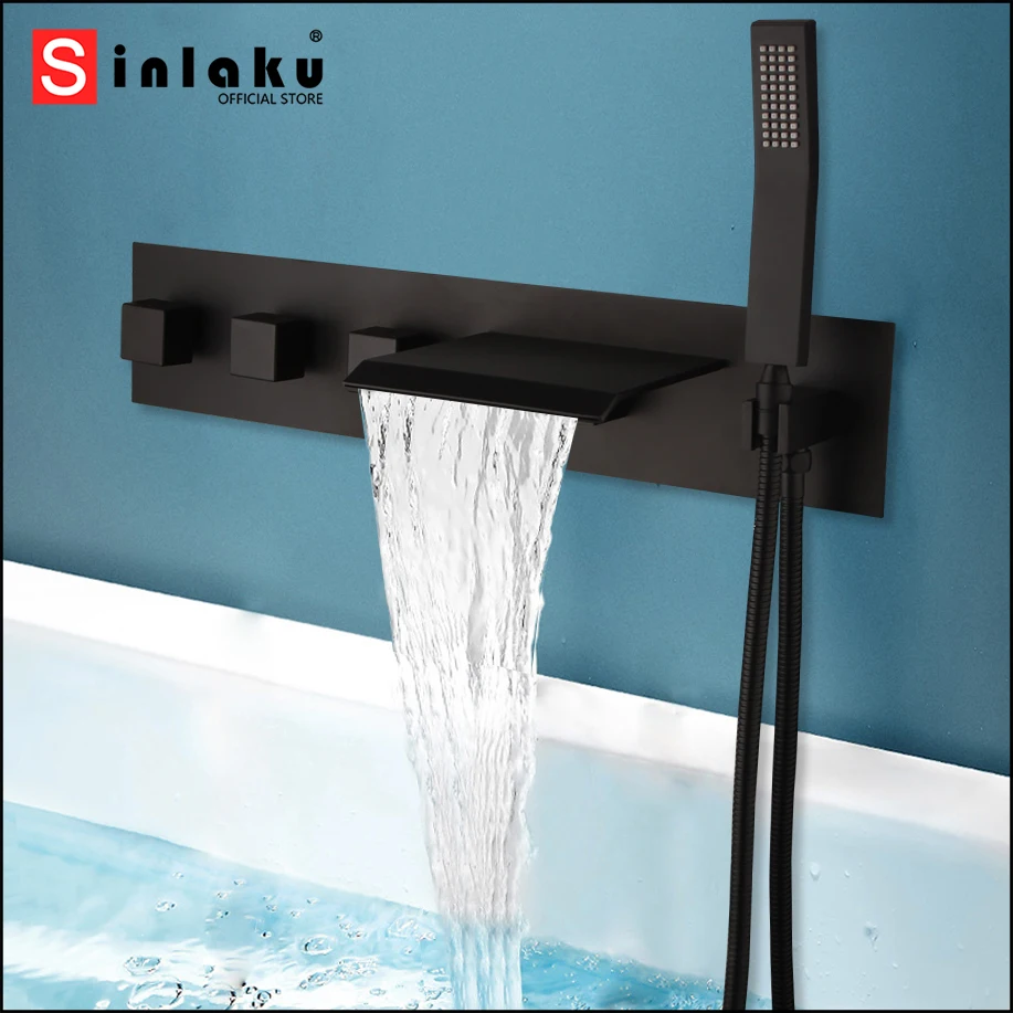 SINLAKU 5 Holes Joint Pipe Matte Black Bathtub Faucet Bathroom Tub Shower Set Wall Mounted Solid Brass Waterfall Mixer Taps