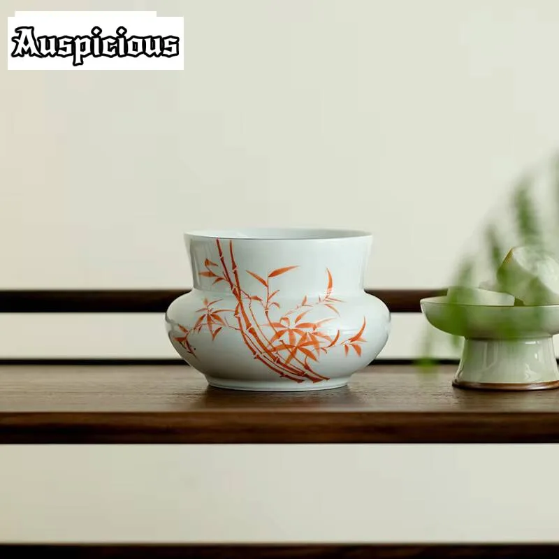 380ml Pure Hand-painted Red Bamboo Jianshui Aesthetic Silver Round Mouth Tea Washing Basin Writing-brush Washer Chaxi Ornaments