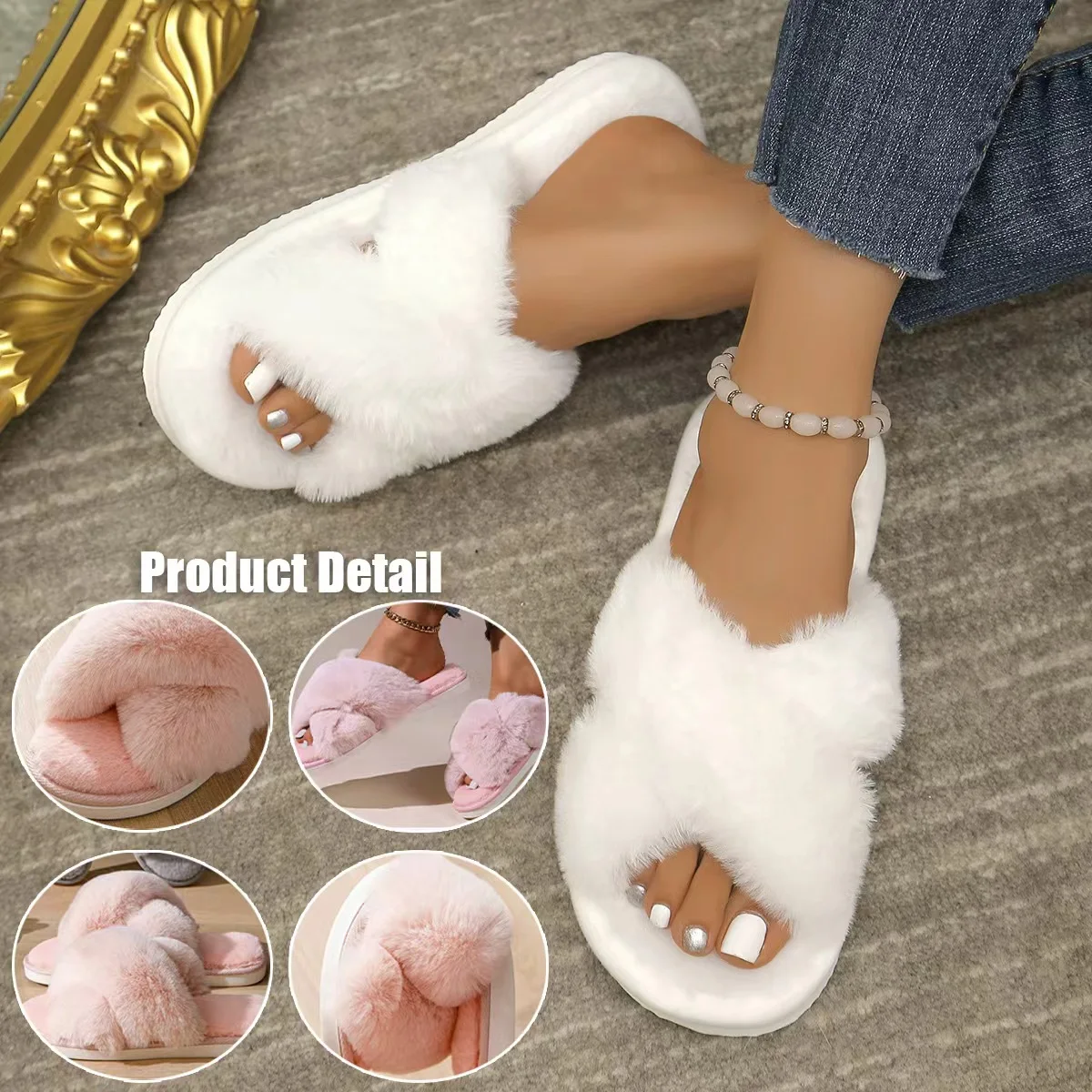 

Women’s Cross Band Fur Slippers - Double Straps Furry Open Toe Slides, Autumn Winter Warm Non Slip Home Shoes