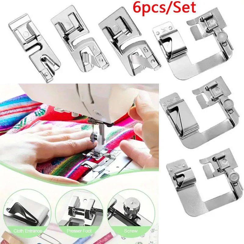 

6pcs MultiFunctional Hemming Presser Foot Set For Domestic Sewing Machines Universal Adjustable Rolled Hem Foot Kit With 6 Sizes