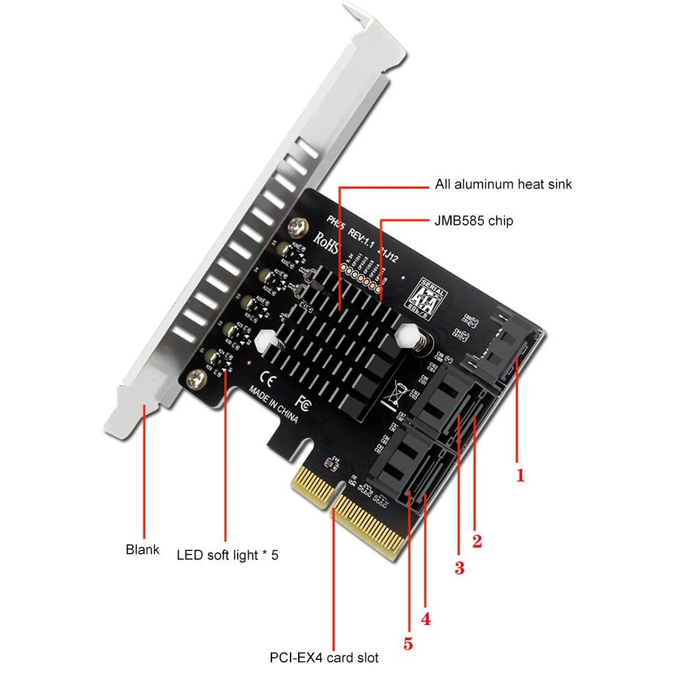 Scheda di espansione SATA III PCIe a 5 porte Jmb585 Chip PCIe X4 a SATA3.0 scheda adattatore di espansione Add On Card per sistema operativo Windows/Linux/Mac