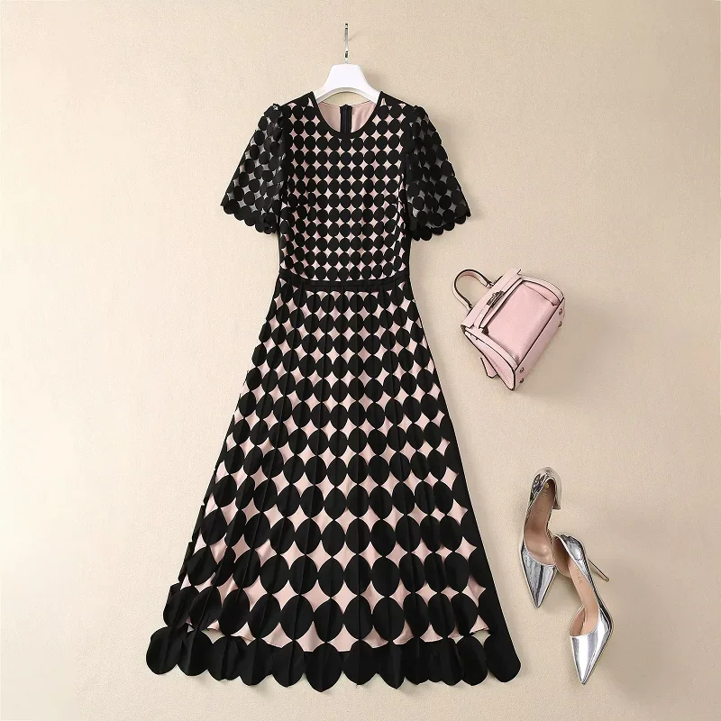 High Quality Brand New 2025 Spring Dress Women Hollow Out Dot Patterns Short Sleeve Mid-Calf Length Black Coffee Pink Dress XXL