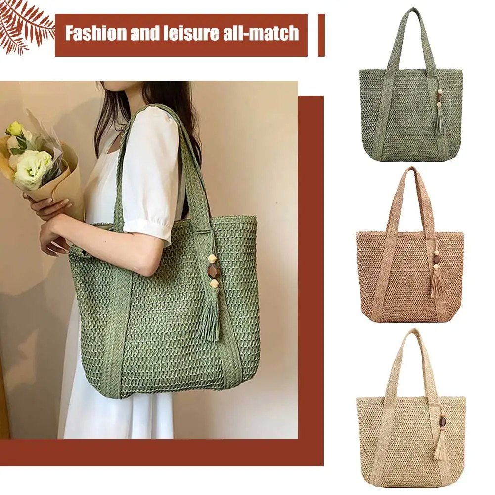 

Women Shoulder Bag Summer Hand-Woven Handbags Fashion Handmade Simple Large Capacity with Tassel Pendant Shopping Handbag Tote