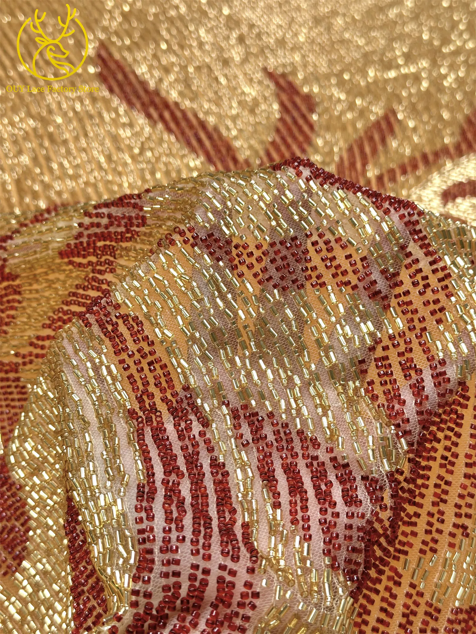 Hochwertiger Luxus-Spitzenstoff aus Dubai mit schweren Perlen, luxuriöser afrikanischer Tüll-Spitzenstoff mit Pailletten zum Nähen von Abendkleidern – Detail 8