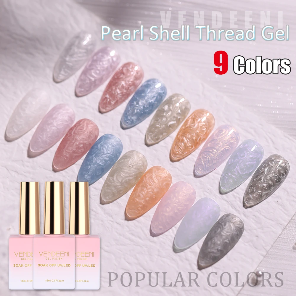Vendeeni 9 Colors Pearl Shell Thread Gel Nail Polish UV Soak Off Gel Varnish DIY Shell Thread Pattern Gel Lacquer With Display