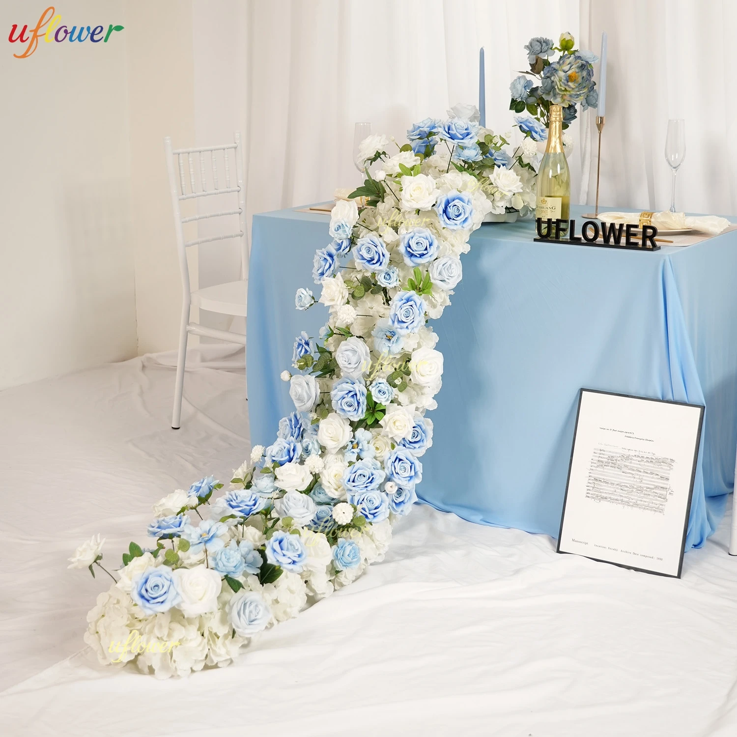 Uflower Blue Rose Artificial Flower Row Long Runner Wedding Backdrop Decor Floral Arrangement Props Table Party Event Prop