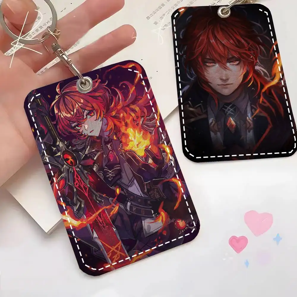 Genshin Impact Diluc Card Case Keychain Access Card Bag Key Tag Ring Leather Card Holder Key Ring Access