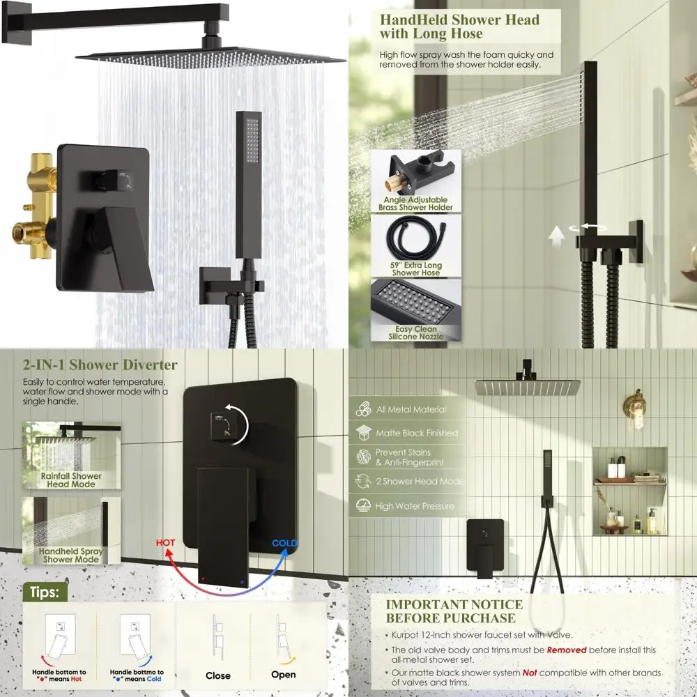 

High-Pressure Matte Black Shower System with 12-Inch Rain Shower Head and Handheld Spray for Enhanced Showering Experience