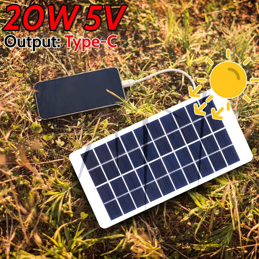 20 واط 5 فولت شاحن البطارية الشمسية المحمولة نوع-C لوحة طاقة شمسية موبايل إمدادات الطاقة للهواتف الذكية إضاءة الفناء مع كابل 3 متر #1