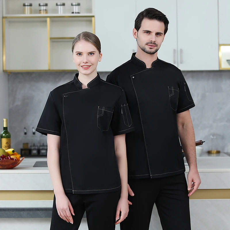 Black Short Sleeve Chef Jacket with logo Chef Uniform for Men Kitchen Restaurant Uniforms Shirts Summer Cook Coat Waiter Clothes