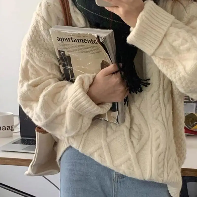 Lockerer Strickpullover für Damen, Rundhalsausschnitt, lange Ärmel, weiche Twist-Strickwaren, Retro-Mädchen-Top, Pullover, Adrette, Herbst und Winter