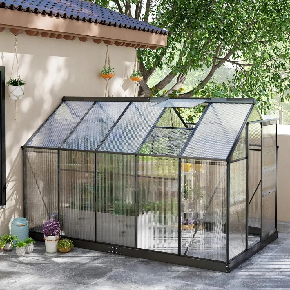 

6' x 10' x 6.5' Greenhouse, Heavy Duty Outdoor Aluminum Walk-in Green House Kit Rain Gutter, Vent and Door Backyard Garden