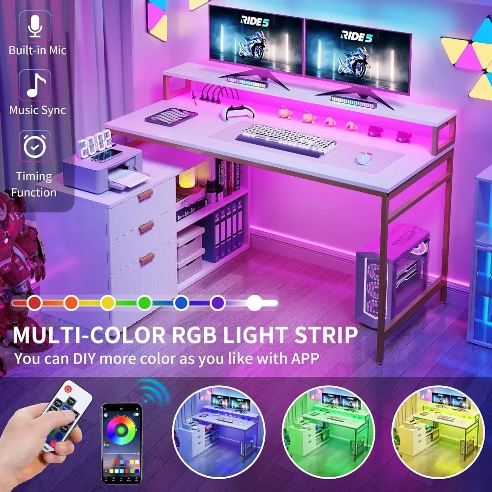 Mesa em forma de L com saídas elétricas, luzes LED, armário de arquivos, mesa grande do computador, canto, branco e dourado, 55 polegadas