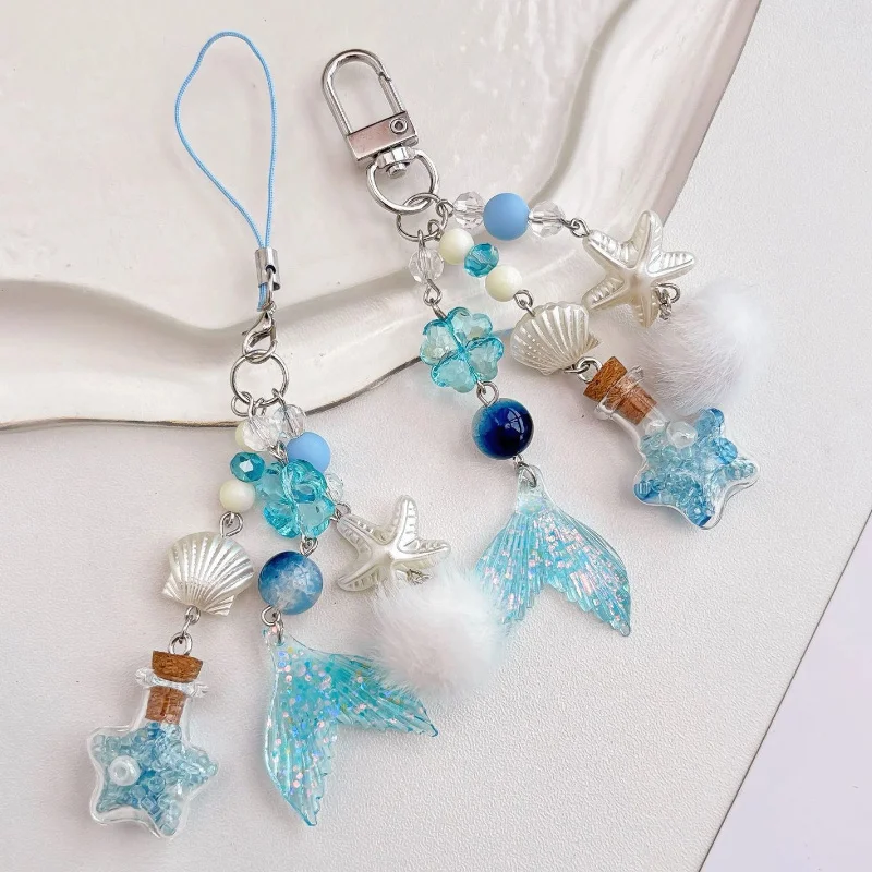 Minimalist Ocean Drifting Bottle Shaped Plush Keychain Blue Five Pointed Star Backpack Pendant Couple Phone Chain Car Decoration