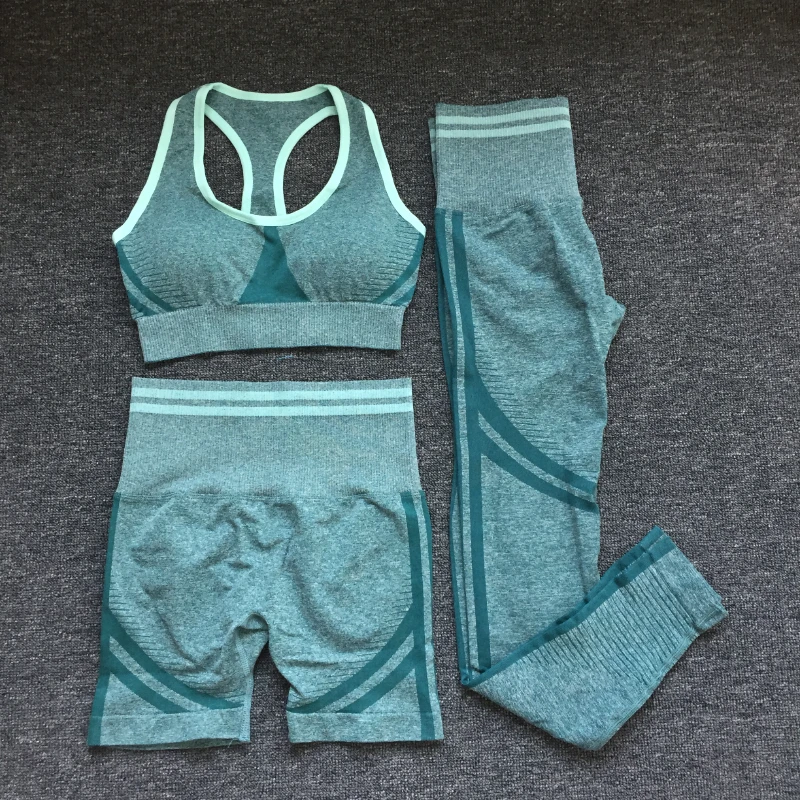Seamless 1/2 Piece Workout Clothing Long Sleeve Gym Sets Women Outfits Yoga Sport Bra Push Up Fitness Leggings Sports Tights
