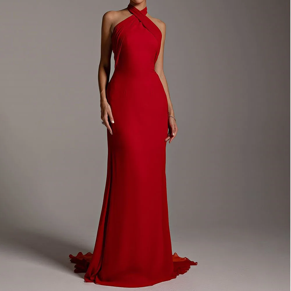 

Graceful Bow Jersey Evening Dresses Temperament Straight Floor Length Halter Sleeveless Custom Size Special Occasion Gowns