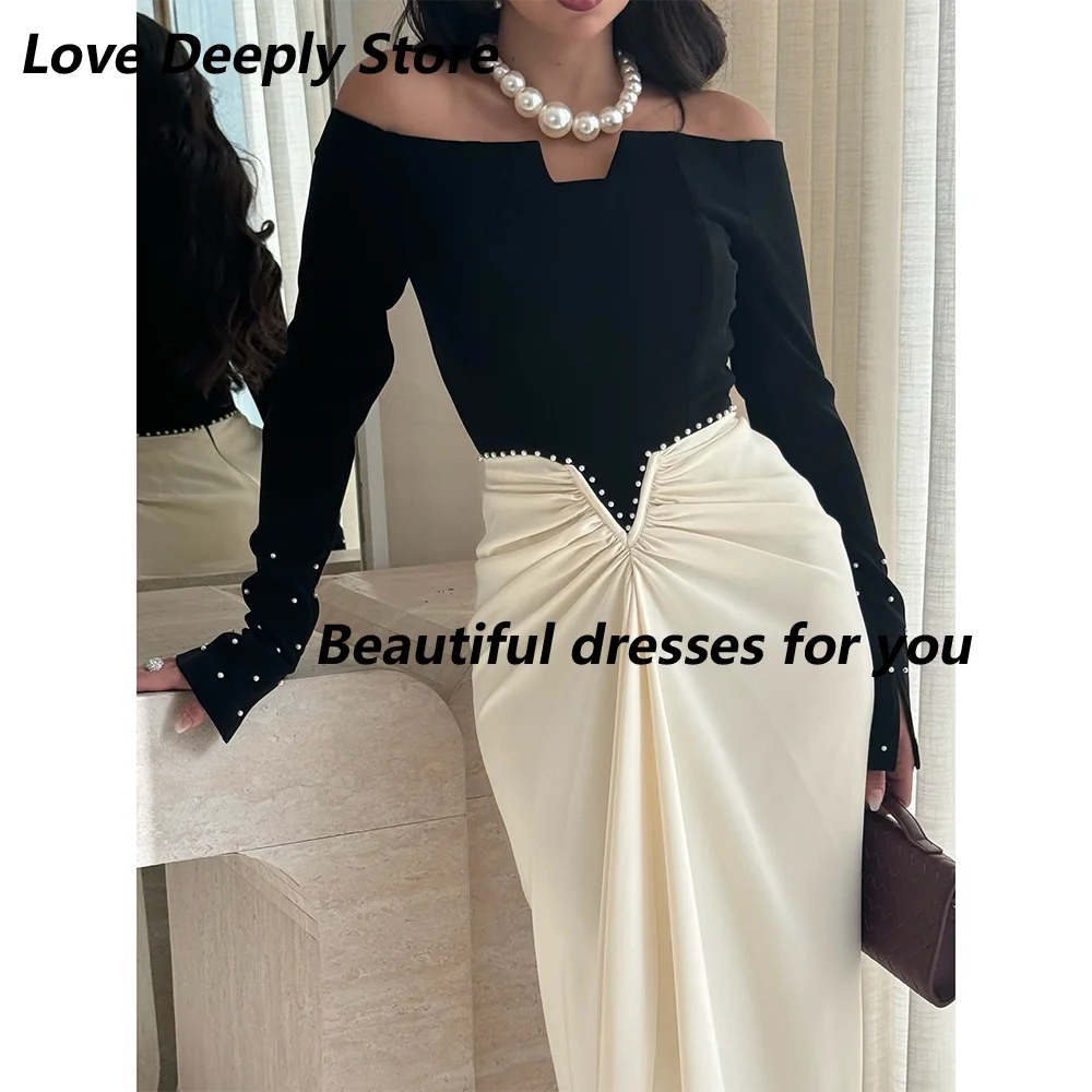 Color Contrast Prom Dress Customized Off Shoulder Boat Neck Straight Party Gown Beading Long Sleeves Ankle Length Evening Dress