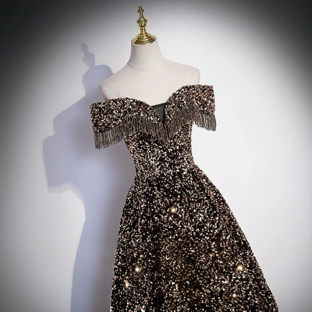 Preciosos vestidos de lentejuelas para celebridades, sin tirantes, corte en A, borlas, hombros descubiertos, fiesta de princesa, vestidos de noche para ocasiones formales