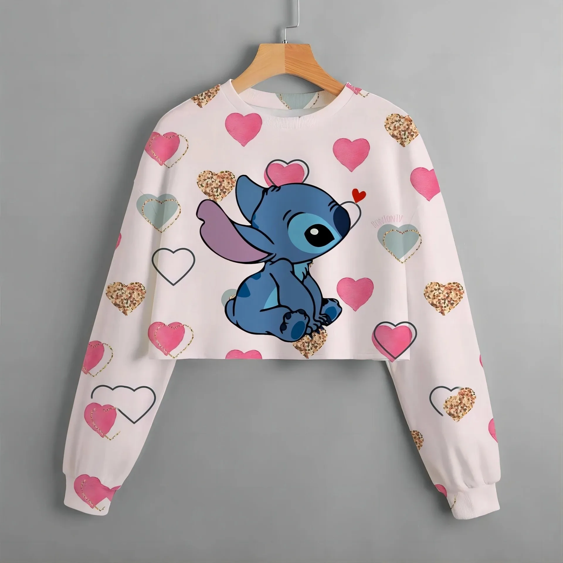 Fashionable girl clothing, spring tops for girls, cute Stitch patterned long sleeved round neck hoodies, essential for sweet gir