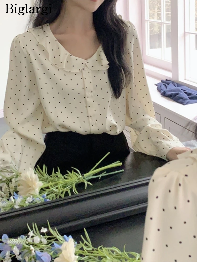 

Spring Polka Dot Satin Blouse Women Elegant Long Sleeve Shirts New Fashion Ladies Tops Korean Style Ruffle Blouses Woman Shirt