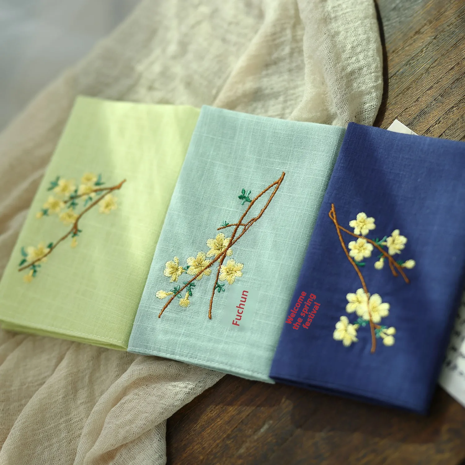 Chinese Style Winter Jasmine Embroidery Pure Cotton Handkerchief Unisex Traditional Hanfu Accessory Absorbent Sweat Wipe Multi